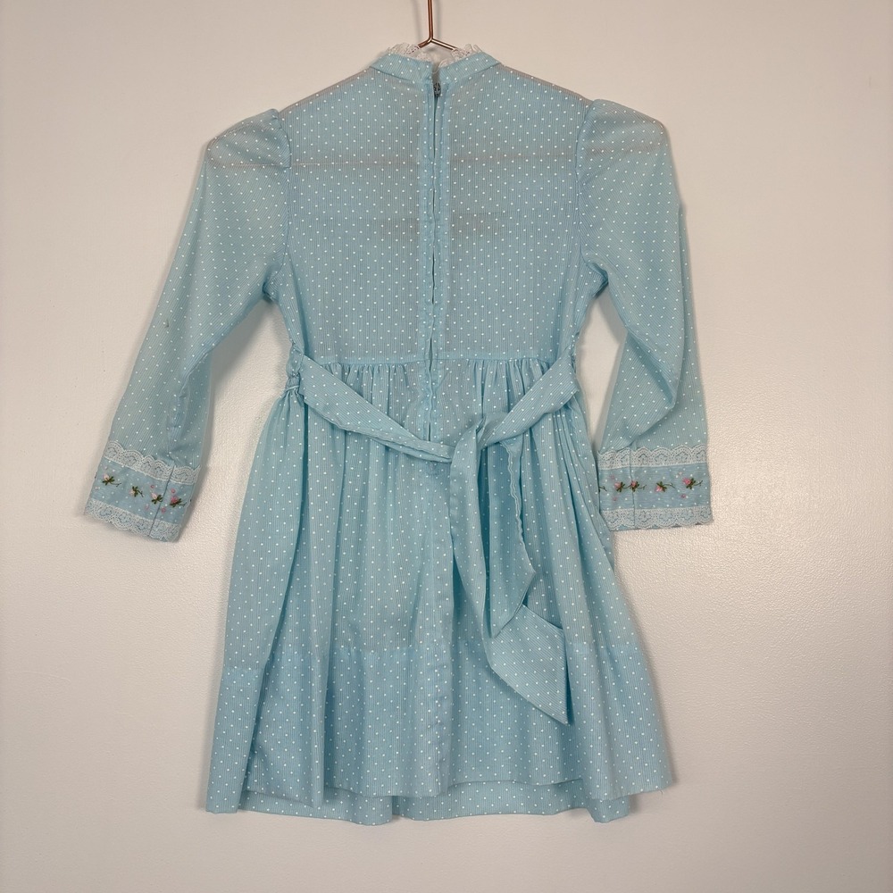 Vintage Polly Flinders Dress Girls 8 Blue Polka Dot Smocked Lace Party Formal - Picture 4 of 13